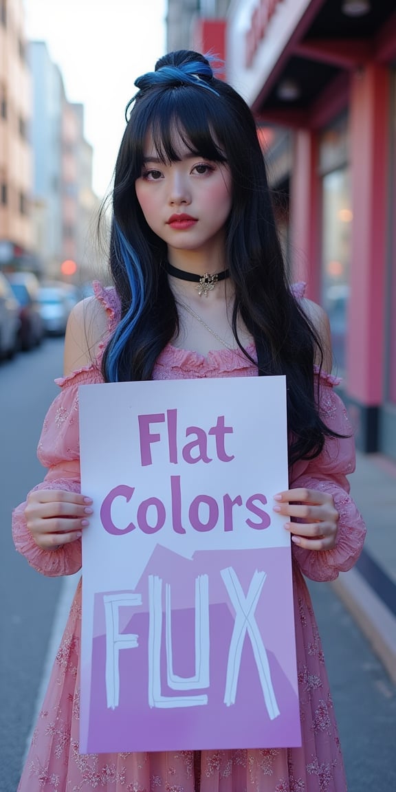 a chest up portrait of a beautiful student model in expresssive intricate dress, long black hair with blue streak hair, chignon, choker, holding a poster, beautiful bold typograhy of text: 'Flat Colors FLUX', casual street background, in only four colors, purple background,flat colors