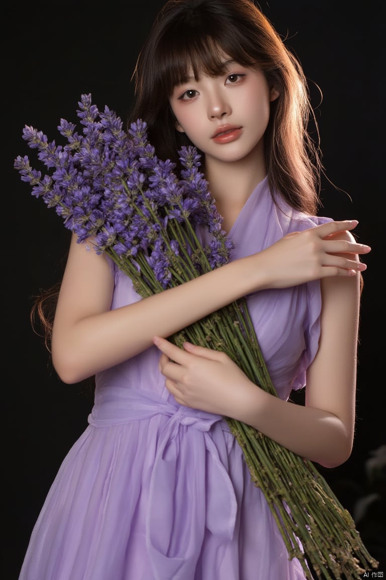 A young Asian woman wearing a purple sleeveless dress with a bundle of lavender on her body