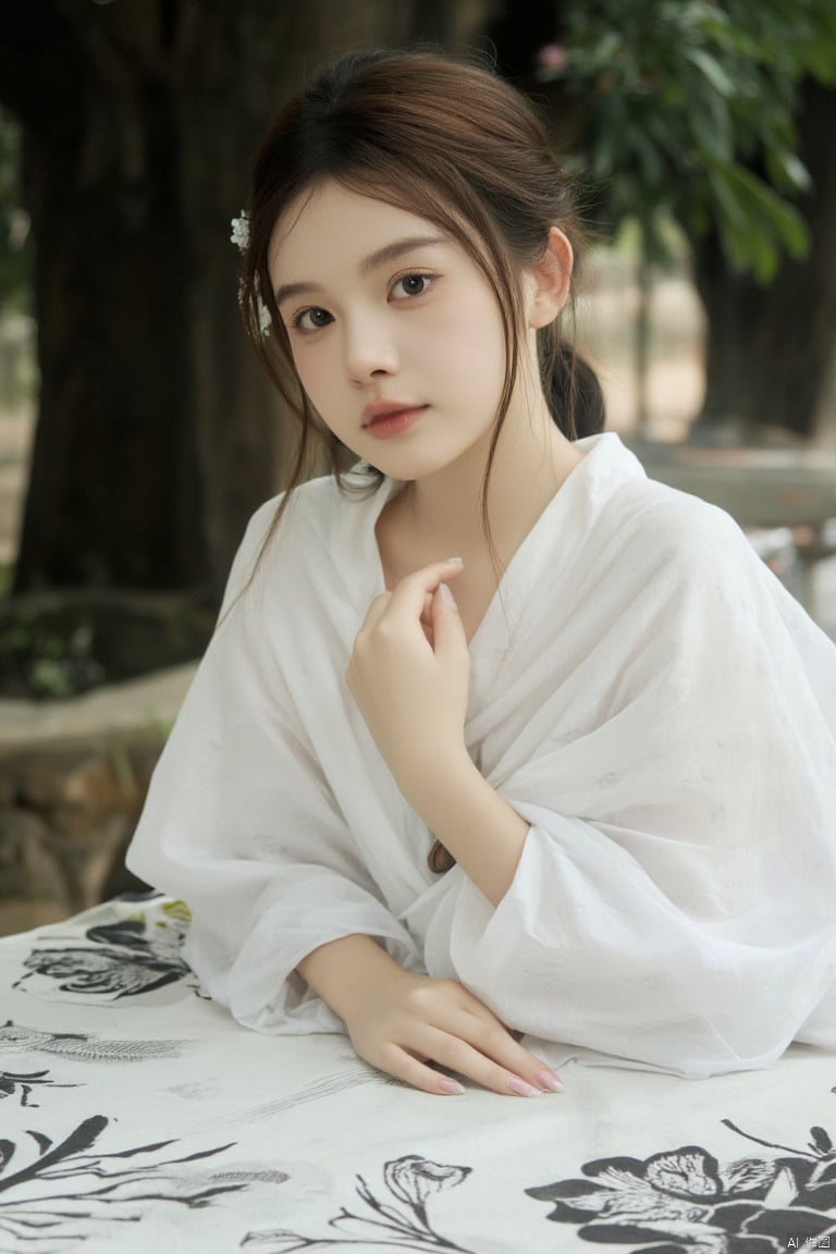 Captured in a close-up,eye-level perspective,a young Asian woman dressed in a white kimono,is seated on a white tablecloth adorned with black floral designs