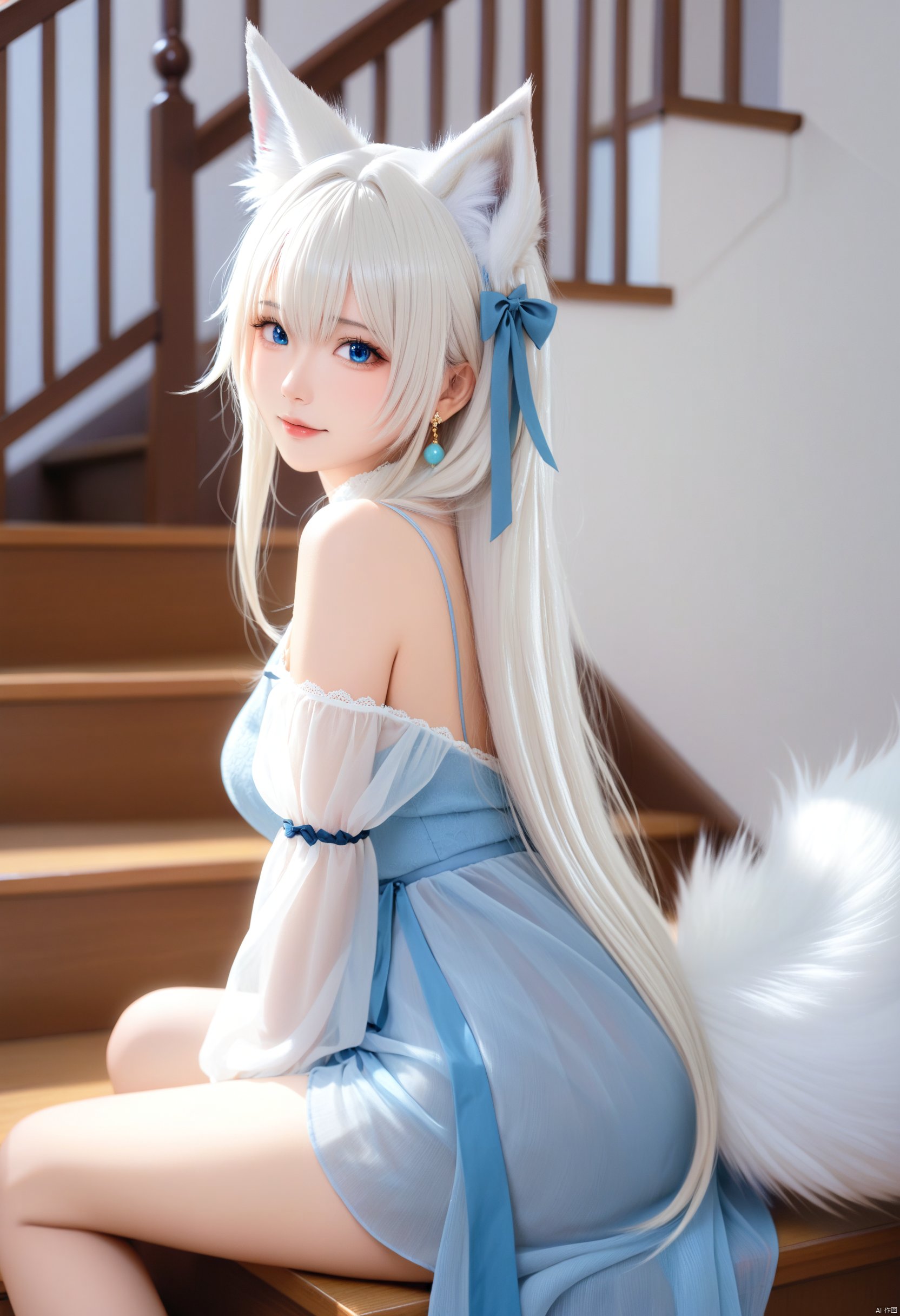 masterpiece,best quality,masterpiece,best quality, 
((looking at viewer)), 1girl, solo, long hair, looking at viewer, blush, bangs, blue eyes, long sleeves, dress, animal ears, hair between eyes, jewelry, sitting, tail, braid, ahoge, white hair, sidelocks, earrings, virtual youtuber, animal ear fluff, see-through, fox ears, single braid, blue dress, fox tail, fox girl, blue nails, stairs, see-through sleeves, shirakami fubuki, 
BREAK fine fabric emphasis,best quality,masterpiece,best quality,amazing quality,very aesthetic,absurdres,best quality,amazing quality,very aesthetic,absurdres,Highly detailed,best quality,masterpiece,Highly detailed,