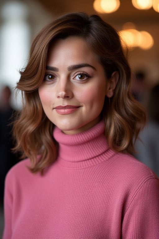 Close up of jenna Coleman wearing a pink sweater