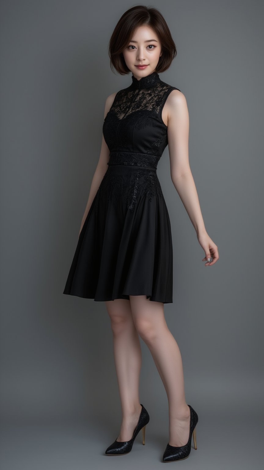 a Beautiful Chinese woman stands in a black sleeveless dress, ornate embroidered, adorned with a high neckline. Her hair is styled in a sleek bob, adding a touch of movement to her face. The dress and frosted pumps is fitted to her busty body and beautiful slender legs, accenting a sleek black color. The backdrop is a stark grey, creating a stark contrast to the woman's dress.