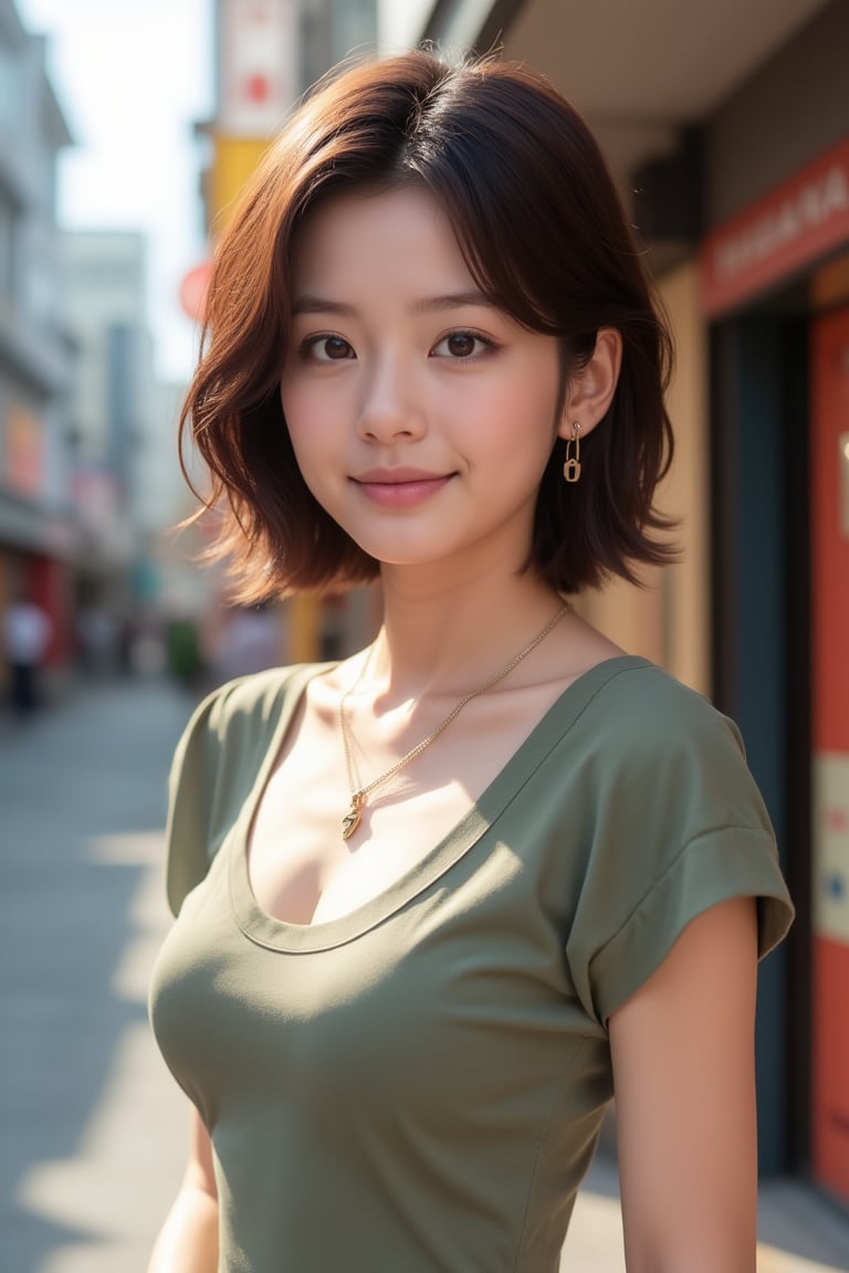 A stunning Japanese woman, 24 years old, poses outdoors amidst a vibrant street scene. Her short brown hair is styled effortlessly, framing her expressive eyes and detailed facial features. A charming smile plays on her lips as she wears a short-sleeve dress with a tiny thunderbolt sign charm necklace. Pale skin glows under the bright sunlight, showcasing lifelike rendering. She stands confidently, surrounded by urban textures and architectural details, with a modern street style outfit that complements her slender, busty physique.jq