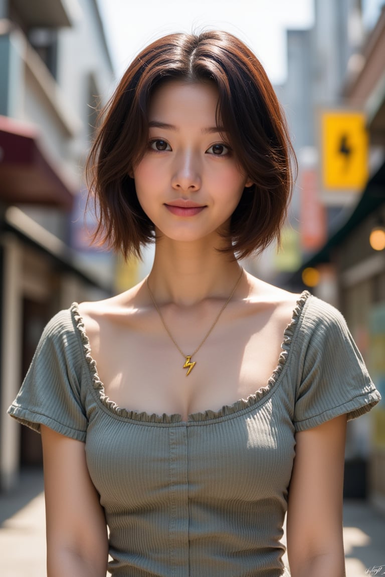 A stunning Japanese woman, 24 years old, poses outdoors amidst a vibrant street scene. Her short brown hair is styled effortlessly, framing her expressive eyes and detailed facial features. A charming smile plays on her lips as she wears a short-sleeve dress with a tiny thunderbolt sign charm necklace. Pale skin glows under the bright sunlight, showcasing lifelike rendering. She stands confidently, surrounded by urban textures and architectural details, with a modern street style outfit that complements her slender, busty physique.jq