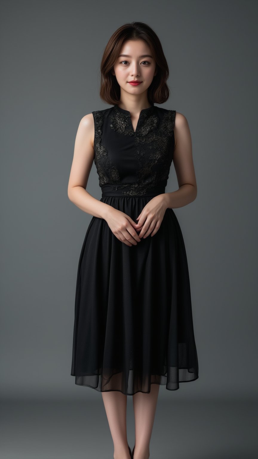 a Beautiful Chinese woman stands in a black sleeveless dress, ornate embroidered, adorned with a high neckline. Her hair is styled in a sleek bob, adding a touch of movement to her face. The medium-long dress and frosted pumps is fitted to her busty body and beautiful slender legs, accenting a sleek black color. The backdrop is a stark grey, creating a stark contrast to the woman's dress.