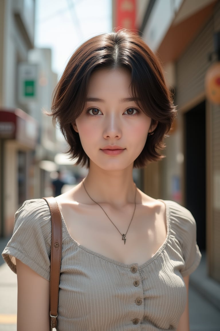 A stunning Japanese woman, 24 years old, poses outdoors amidst a vibrant street scene. Her short brown hair is styled effortlessly, framing her expressive eyes and detailed facial features. A charming smile plays on her lips as she wears a short-sleeve dress with a tiny thunderbolt sign charm necklace. Pale skin glows under the bright sunlight, showcasing lifelike rendering. She stands confidently, surrounded by urban textures and architectural details, with a modern street style outfit that complements her slender, busty physique.jq