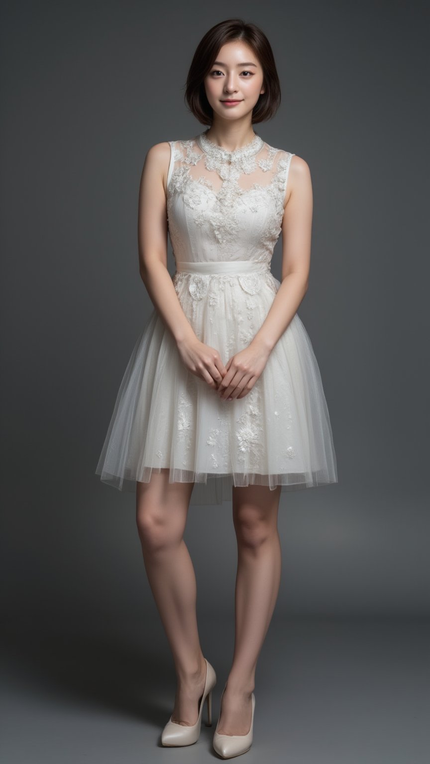 full-body portrait. a Beautiful Chinese woman stands in a translucent sleeveless dress, ornate embroidered, adorned with a high neckline. Her hair is styled in a sleek bob, adding a touch of movement to her face. The medium-short dress and frosted pumps is fitted to her busty body and beautiful slender legs. The backdrop is a stark grey, voluminous lighting, creating a stark contrast to the woman's dress.