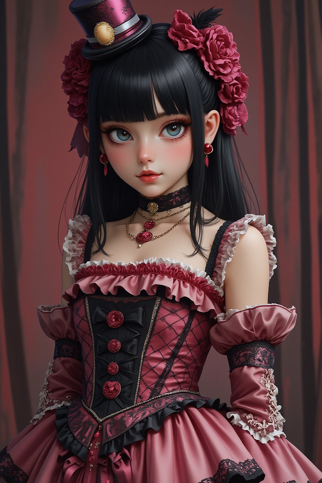 photo Realistic,1girl,A girl in baroque style Harajuku Lolita fashion, with an emo theme, her dress is richly decorated with colorful lace, pink ruffles,(Periorbital Puffiness), and embroidery.,Velvet ribbons, ornate buttons, and brooches decorate the bodice, and the voluminous skirt. features layers of tulle and lace, accessories include lace gloves, a cameo choker, and a mini top hat with feathers