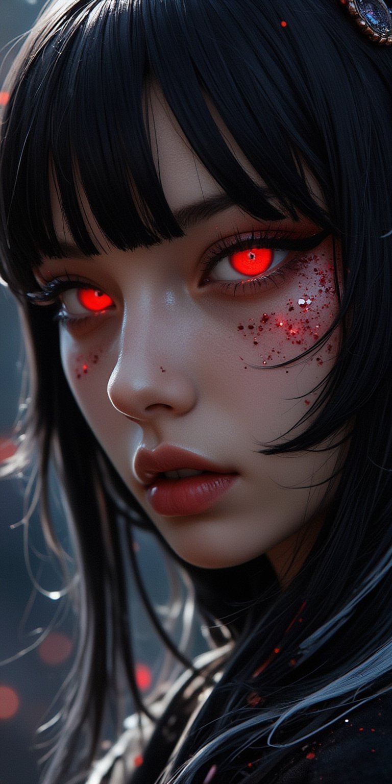 Portrait style, realism, hyper realistic, photography, oil painting, blurry effect, dynamic movement poses, 
.
( Best quality, 4K, 8K, high-resolution, masterpiece, ultra-detailed, photorealistic, a close up of a woman's face with black and white hair, glowing eyes, and lots of glitter, 1girl, long hair, red eyes, jewelry, black hair, blurry, eyelashes, lips, colored skin, depth of field, straight hair, cosmic background, portrait, gem, silver skin. ), 
.
.
Digital illustration, Digital Painting, digital art style, full body, fantasy detailers, more details, oil painting effect, fantasy art style,