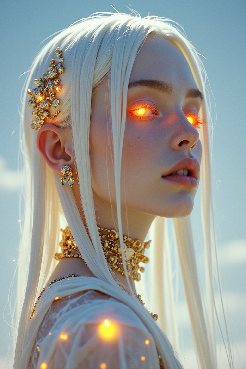 close, albino woman with glowing eyes and hair in white gold jewelry, light painting, futuristic digital, realistic sci-fi, lights, gold filigree, silver lashes, diamond, ethereal, misty, holographic, white sky on background,glitter