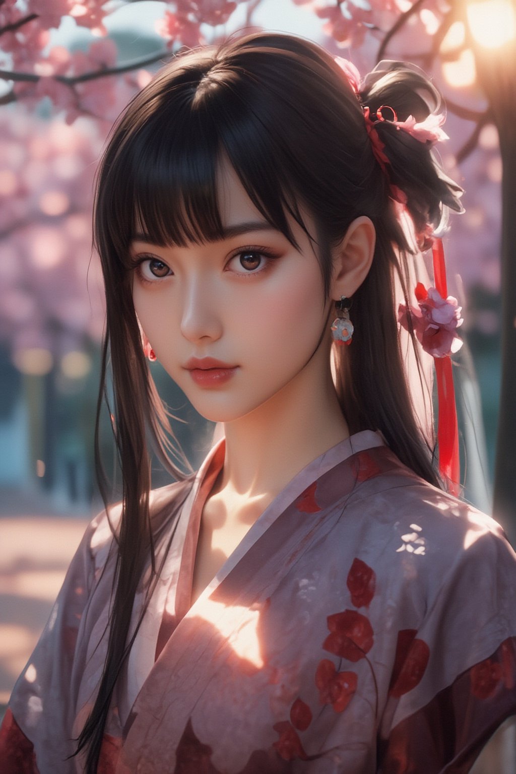 1girl, solo, looking at viewer, smile, bangs, black hair, hair ornament, red eyes, bow, jewelry, closed mouth, upper body, flower, earrings, outdoors, japanese clothes, pink eyes, kimono, blurry, tree, lips, parted bangs, eyelashes, makeup, depth of field, blurry background, floral print, cherry blossoms, tassel, hair rings, nose, branch