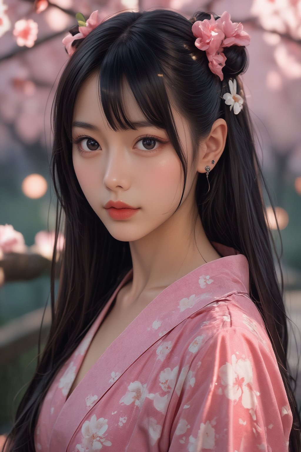 1girl, solo, looking at viewer, smile, bangs, black hair, hair ornament, red eyes, bow, jewelry, closed mouth, upper body, flower, earrings, outdoors, japanese clothes, pink eyes, kimono, blurry, tree, lips, parted bangs, eyelashes, makeup, depth of field, blurry background, floral print, cherry blossoms, tassel, hair rings, nose, branch