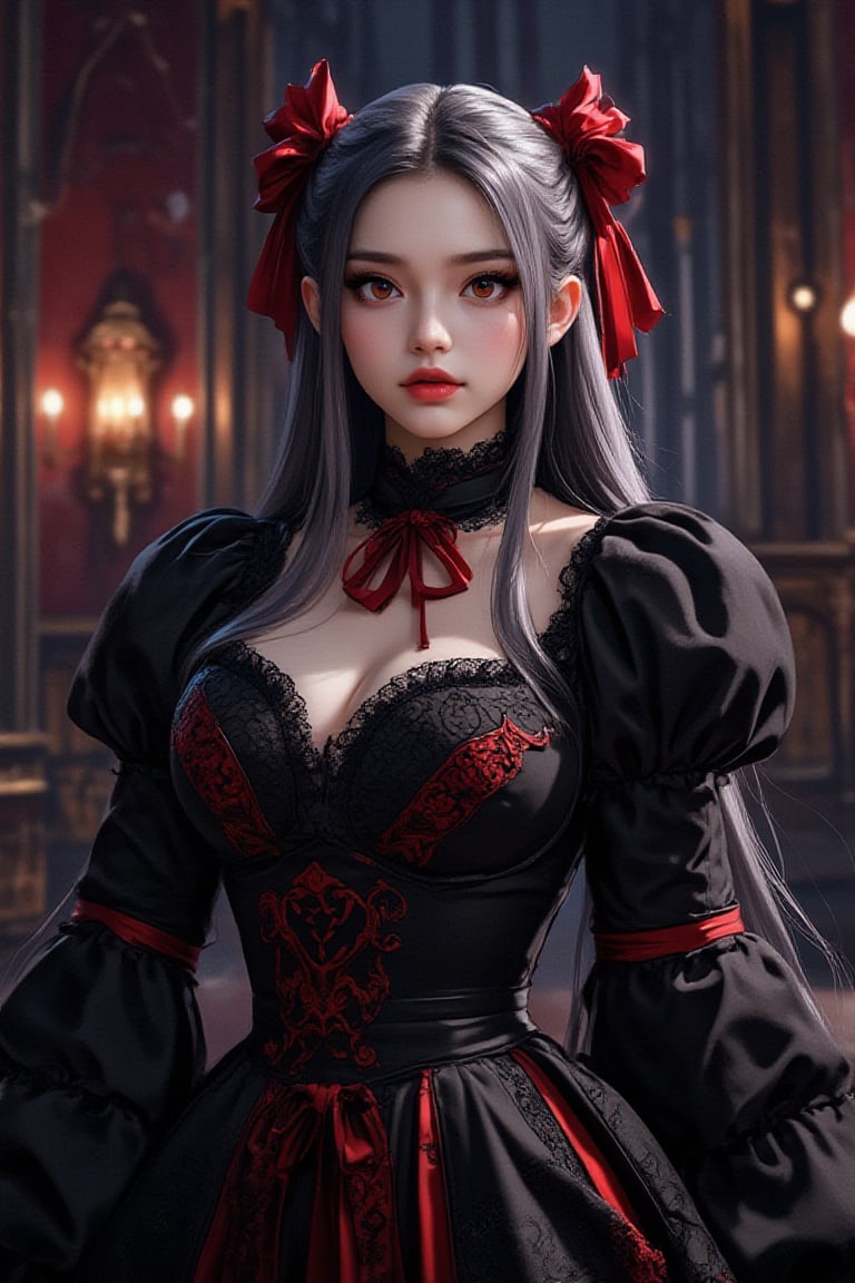 Create an anime-style illustration of a powerful female character inspired by Shalltear Bloodfallen. She has long, dark silver hair (Big red bow on the head), red eyes, dressed in an intricately designed dark medieval outfit adorned with lace and armor. Her expression is confident and somewhat playful, conveying her vampiric charm. The background should be a gothic castle interior, with dim lighting and ornate decor, adding to the dark fantasy atmosphere. Include elements like a glowing orb or magical sigils to emphasize her magical prowess, shalltier


