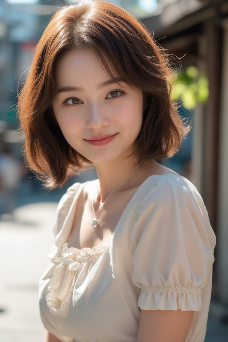 A beautiful Japanese woman, 24 years old, short brown hair, expressive eyes, detailed face, charming smile, slender busty body, pale skin, street style outfit, short-sleeve dress, posing outdoors in a bright, street snap, highly details, Photorealistic, cinematic,