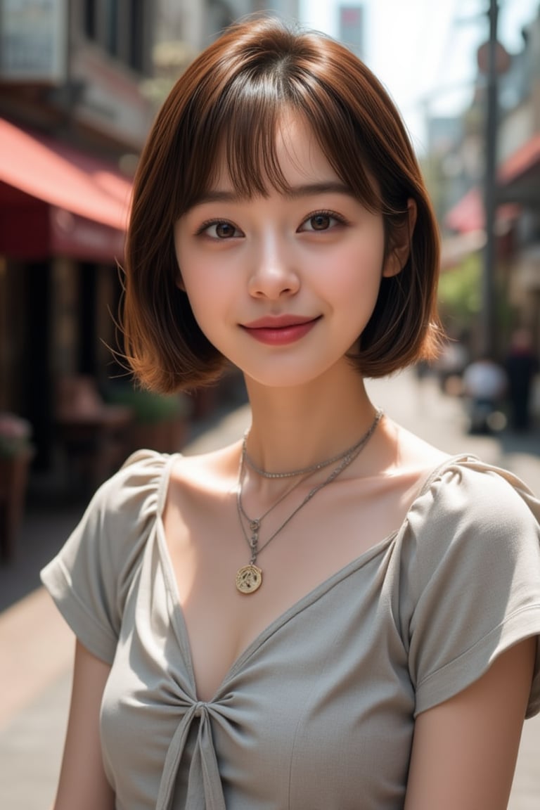 A stunning Japanese woman, 24 years old, poses outdoors amidst a vibrant street scene. Her short brown hair is styled effortlessly, framing her expressive eyes and detailed facial features. A charming smile plays on her lips as she wears a short-sleeve dress with a tiny thunderbolt sign charm necklace. Pale skin glows under the bright sunlight, showcasing lifelike rendering. She stands confidently, surrounded by urban textures and architectural details, with a modern street style outfit that complements her slender, busty physique.