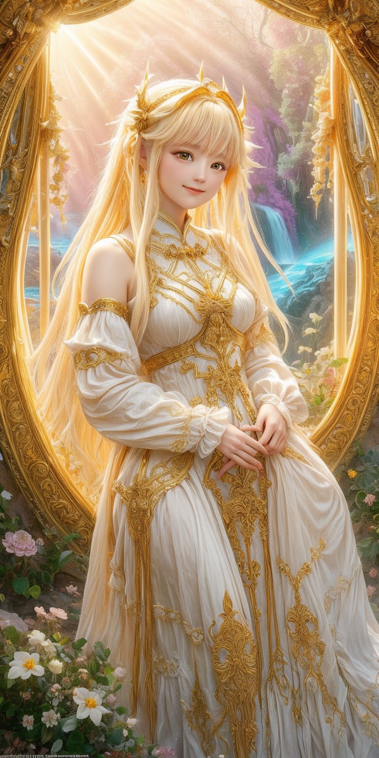 In a whimsical dreamscape reminiscent of Jean-Baptiste Monge's fantastical realms, a lone maiden with tresses like a radiant waterfall dominates the frame. Her cherubic face is bathed in a warm, golden glow by rim lighting, while volumetric lighting adds depth to her features. The ornate filigree design encircling her radiates glittering lights, as rich hues and vibrant colors evoke a surreal fantasy world.