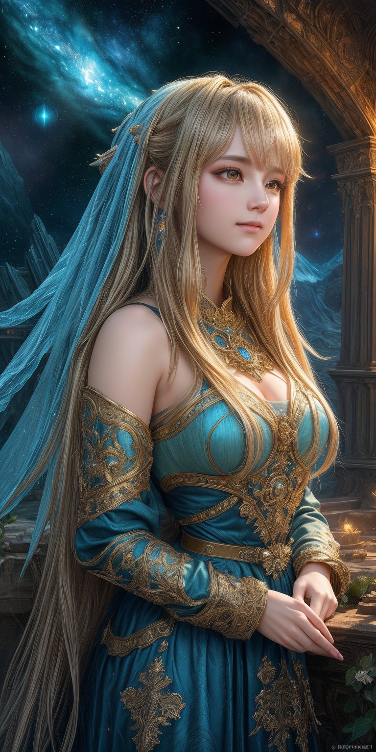 A breathtakingly beautiful digital art piece, reminiscent of Jean-Baptiste Monge's style. A single girl, her long hair flowing like a waterfall, is centered in the composition, surrounded by an intricate filigree design that shimmers with glittering lights. The rim lighting accentuates her features, casting a warm glow on her adorable face. Volumetric lighting creates depth, as rich, deep colors paint a surreal fantasy world. Sharp focus and ultra-detailed rendering bring the subject to life, akin to Dan Mumford's and Marc Simonetti's masterpieces. Astrophotography-inspired stars twinkle in the background, adding an extra layer of magic to this stunning piece of artgerm-inspired digital art.