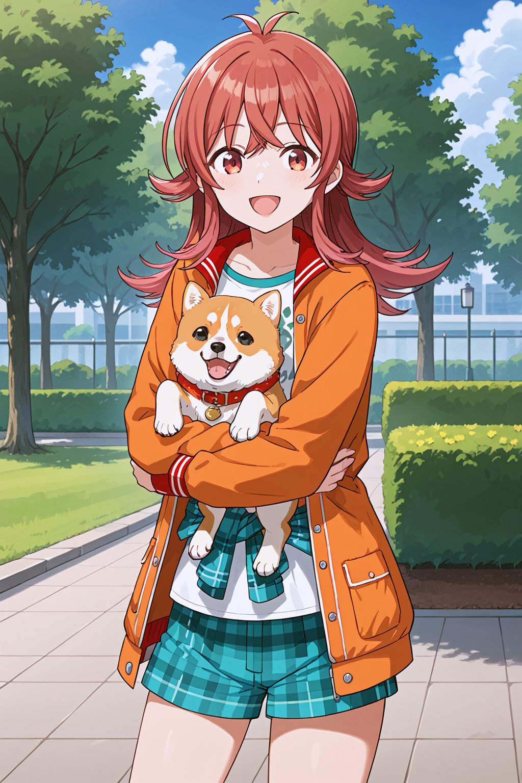 (masterpiece, best quality, ultra-detailed, 8K),best quality, highres, absurdres, anime style, source_anime, official style,anime screencap,anime coloring,megami magazine,anime,animated,explicit,
score_9, score_8_up, score_7_up,
,
(((a girl hugging a dog\(shiba inu\)))), park, soft smile
,
1girl, solo, komiya kaho, kaho_pony, red hair, looking at viewer, smile, open mouth, skirt, shirt, long sleeves, jacket, white shirt,shorts, plaid, animal print, lothes around waist, print shirt, orange jacket, jacket around waist, bear print,
,/LoRA 
beautiful_female_fingers, (4_fingers+1_thumb), perfect anatomy, beautiful hands