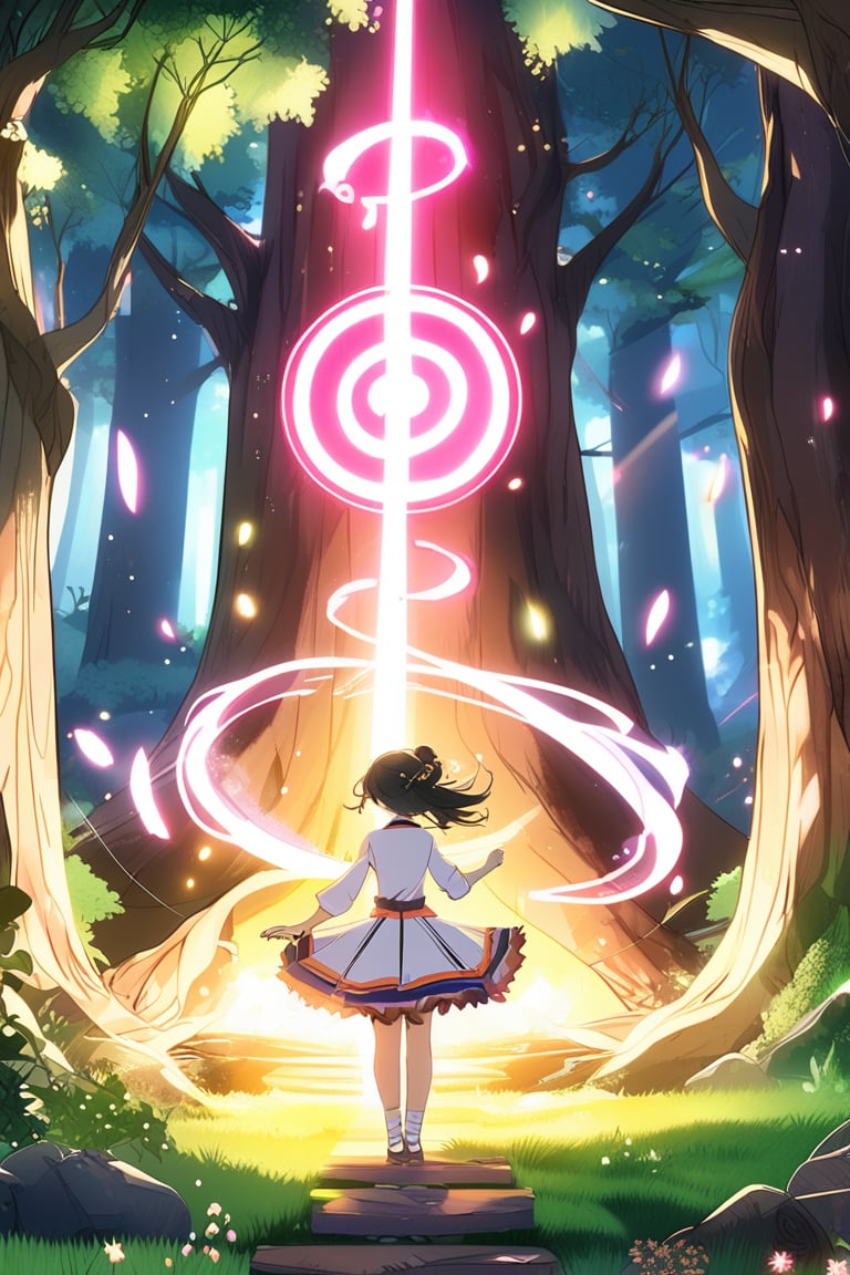 A fantasy anime scene featuring a magical girl casting a spell, surrounded by glowing runes and sparkles, determined expression. The background shows a mystical forest with ancient trees and floating lights. Bright colors, detailed magic effects, inspired by Cardcaptor Sakura, smooth animation style, high contrast, ethereal lighting