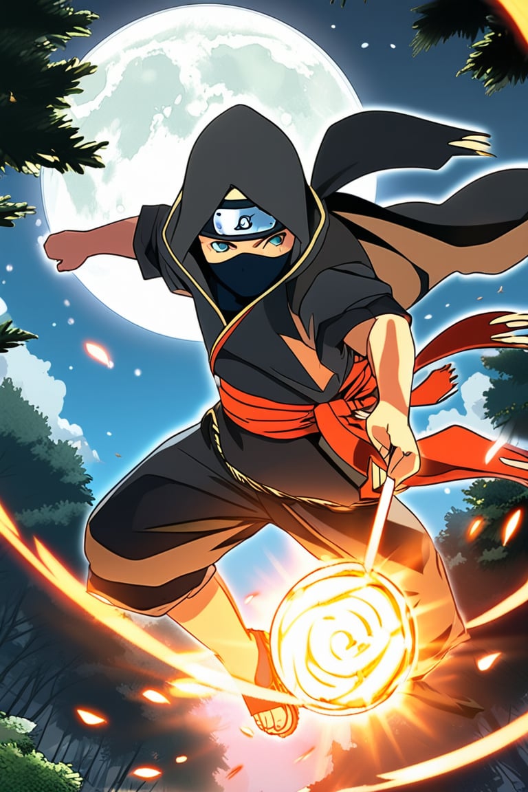 A dynamic anime action scene with a ninja leaping through the air, throwing shuriken, intense focus on his face. The background is a dark, moonlit forest with shadows and glowing eyes in the distance. High contrast, energetic pose, sharp outlines, inspired by Naruto, vibrant colors, HD quality, intense detail