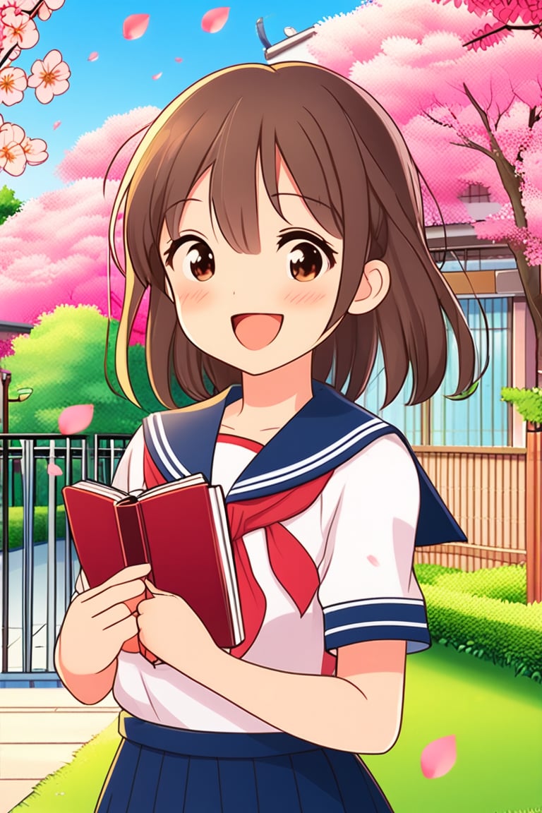 A cheerful anime girl in a school uniform, holding a book and smiling brightly, standing in front of a blooming cherry blossom tree. The background features a lively school courtyard with pink petals floating in the air. Vivid colors, expressive eyes, delicate shading, inspired by Kyoto Animation, crisp lines, vibrant lighting, high detail