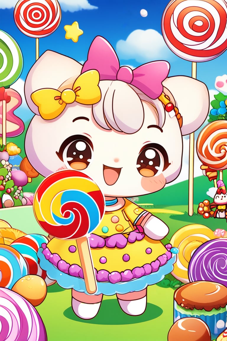 A cute anime chibi character with big eyes and a happy smile, wearing a colorful costume and holding a large lollipop, surrounded by candy and sweets. The background is a candy-filled wonderland with bright colors and playful shapes. Bold outlines, exaggerated proportions, inspired by Sanrio, vibrant colors, joyful atmosphere