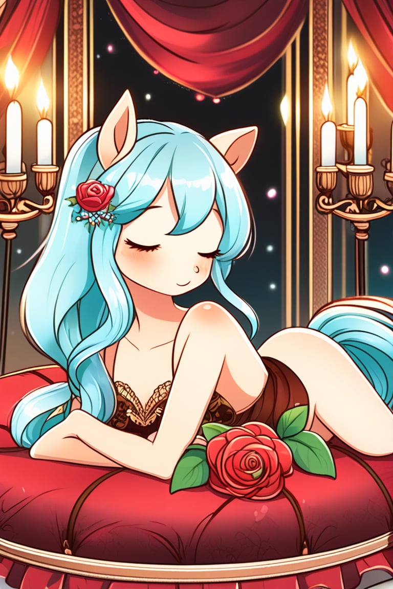 A sultry anime pony with a shimmering mane, lounging on a bed of roses, her eyes half-closed in a dreamy expression. The background is a luxurious, velvety red with candles softly illuminating the scene. Vibrant colors, delicate details, inspired by classic anime, soft textures, romantic lighting