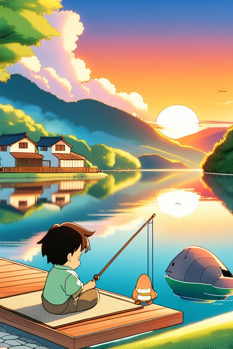 A serene anime landscape of a peaceful village by a lake at sunset, with a young boy fishing from a pier, calm and content. The background features a glowing sunset with mountains in the distance. Soft colors, detailed scenery, inspired by My Neighbor Totoro, warm lighting, tranquil mood