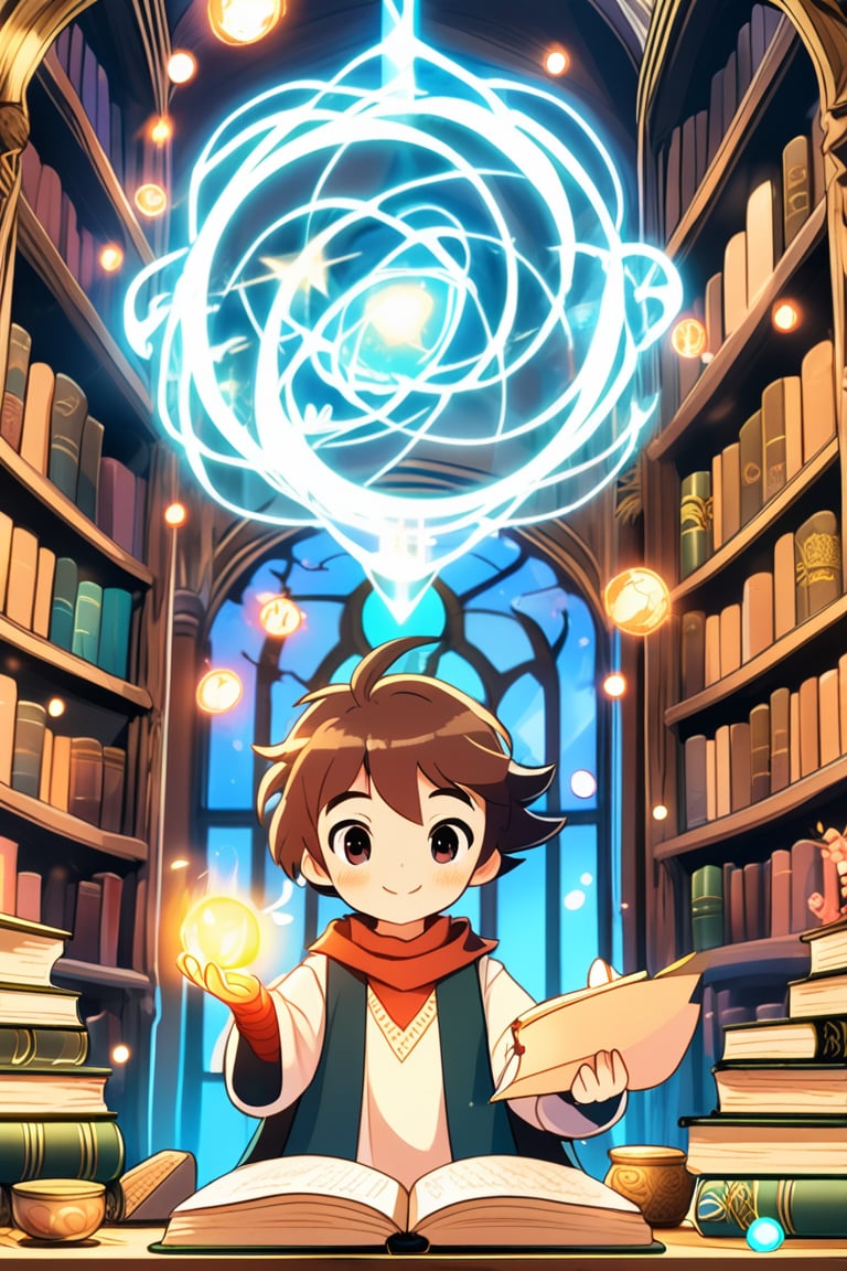  A magical anime scene of a young wizard casting a spell, surrounded by glowing orbs and mystical symbols, focused expression. The background is an ancient library filled with floating books and enchanted artifacts. Detailed magic effects, inspired by Little Witch Academia, vibrant colors, intricate designs, magical atmosphere