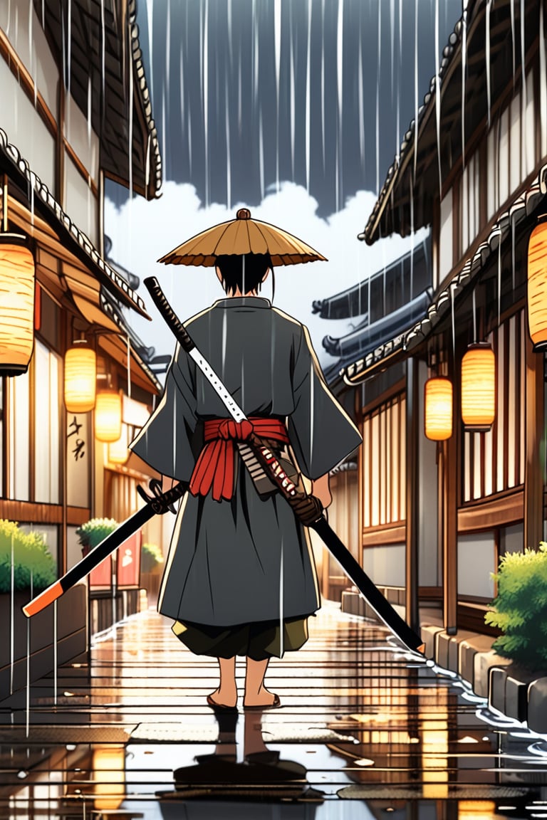 A dramatic anime scene of a lone samurai standing in a rain-soaked alleyway, katana drawn, intense stare. The background is a traditional Japanese town at night, with lanterns reflecting on wet cobblestones. Dark tones, sharp contrast, inspired by Rurouni Kenshin, moody atmosphere, detailed rain effects, cinematic style