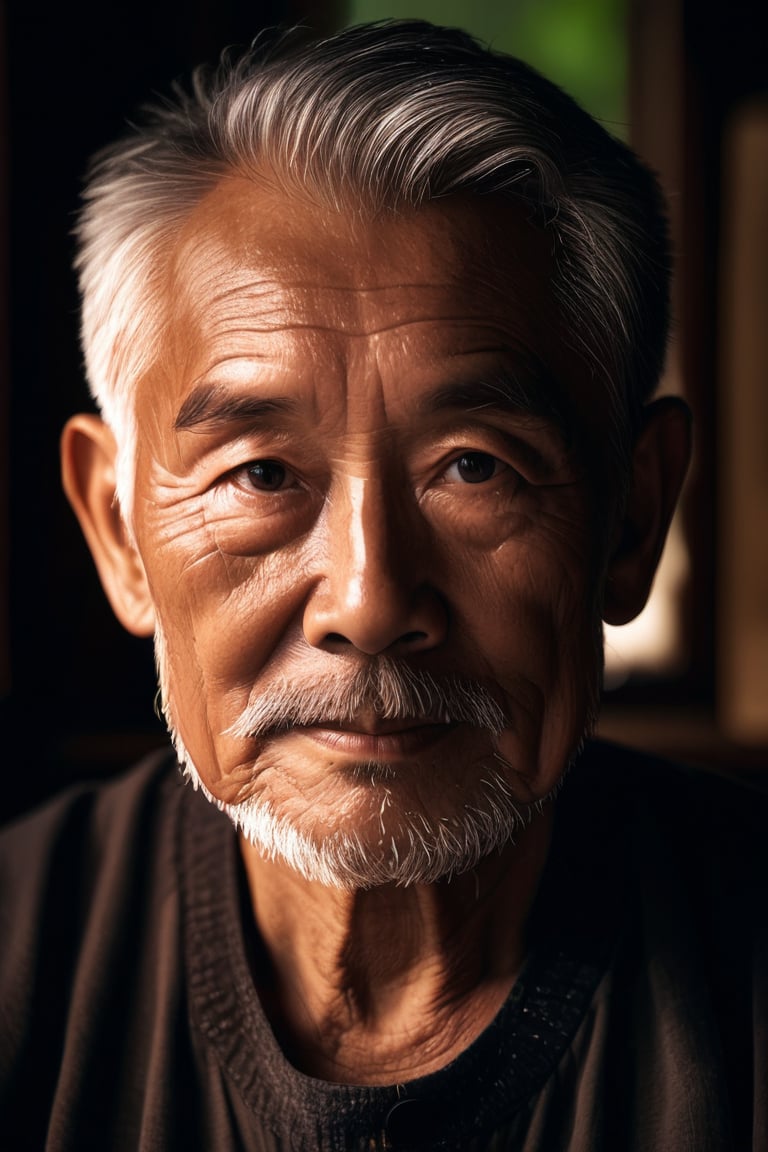 A hyper-realistic portrait of an elderly man, deep wrinkles and gray hair, straight-on view, softly lit by natural light. The background is a blurred, warm-toned room, enhancing his age and wisdom. HD quality, natural skin textures, Canon EOS R5, Rembrandt lighting, high contrast, sharp focus, cinematic detail