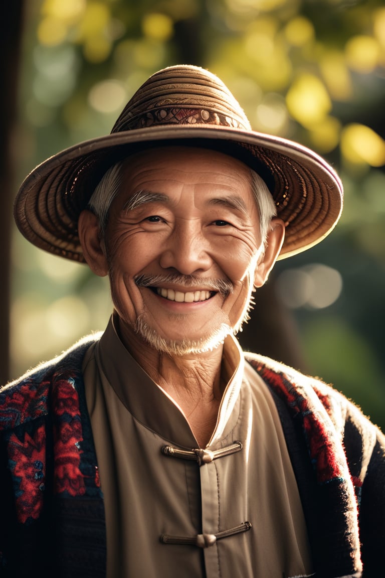  realistic portrait of an elderly man with a kind smile, wearing a traditional hat, captured in soft daylight. The background is an outdoor scene, slightly blurred, with warm sunlight filtering through trees. Canon EOS R6, ultra-high detail, natural colors, fine textures, depth of field