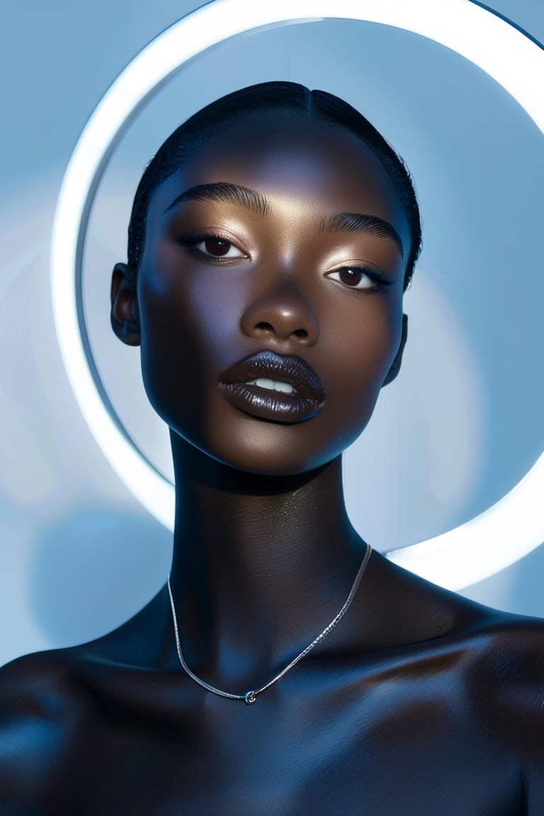 A photorealistic portrait of a woman with dark skin and bright makeup, frontal view, illuminated by a ring light, capturing every pore and detail. Background is a minimalistic, off-white color, with subtle shadows. Ultra-high detail, Canon RF 50mm f/1.2L lens, vibrant colors, studio quality, meticulously detailed