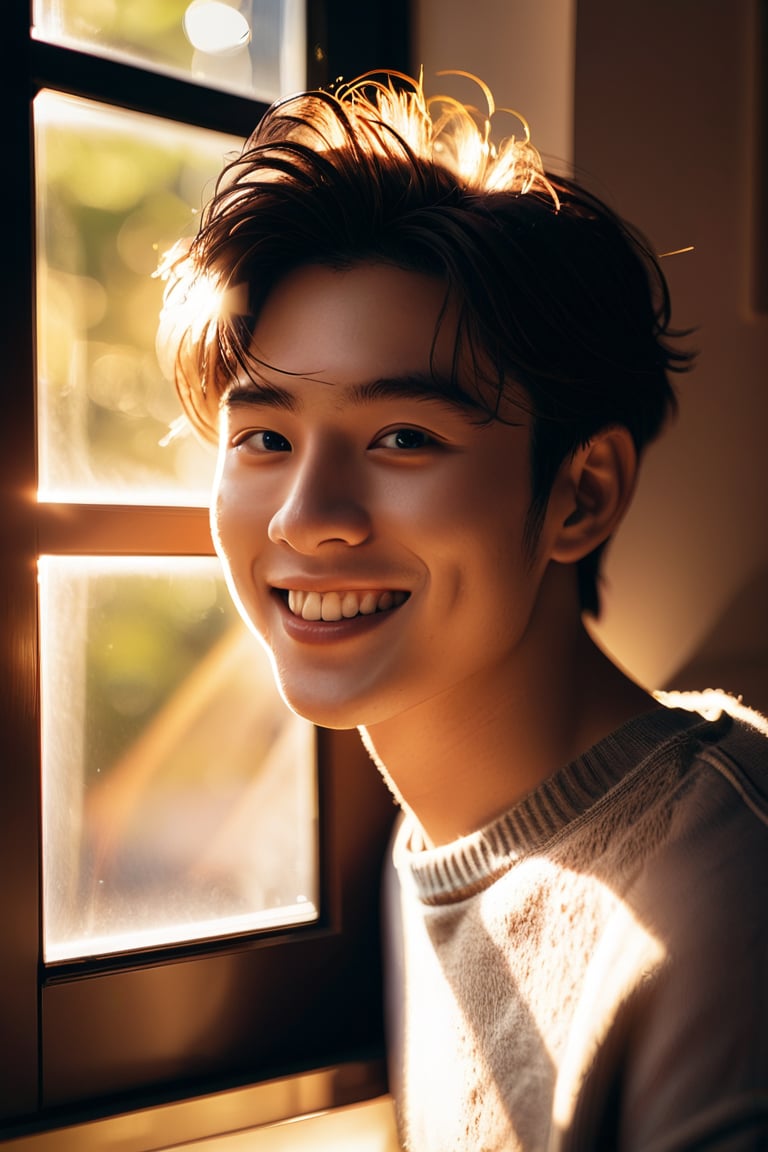 A realistic portrait of a young man with tousled hair and a confident smile, captured mid-laugh, lit by sunlight filtering through a window. The background is a warm-toned room, softly blurred to keep focus on the subject. High-quality realism, Canon EOS R3, vibrant colors, dynamic composition, sharp details