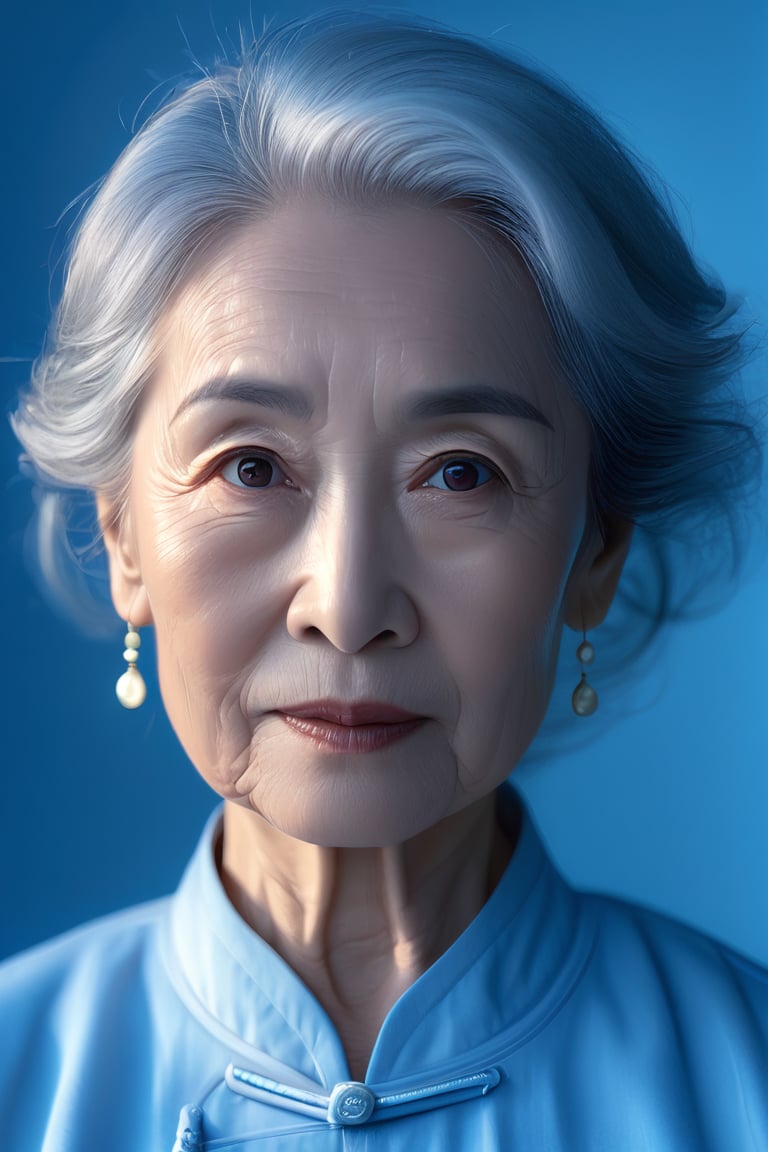 A close-up, hyper-realistic portrait of an elderly woman with silver hair and soft wrinkles, eyes filled with wisdom, bathed in soft, diffused light. Background is a simple, muted blue gradient, making her features stand out. Ultra HD, realistic textures, Nikon Z9, fine detail, soft focus, natural beauty