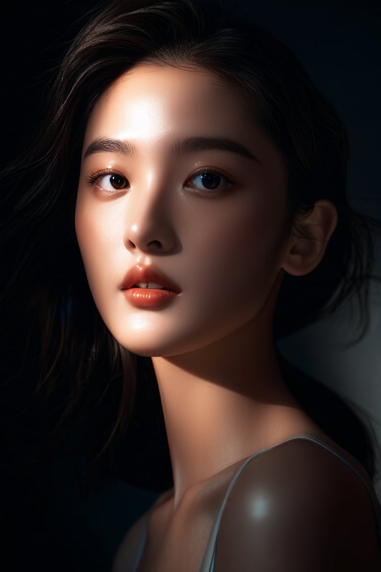  hyper-realistic portrait of a woman with striking features and smooth skin, captured from a low angle, with dramatic lighting highlighting one side of her face. The background is a textured, dark surface that contrasts with the subject. Hasselblad X1D II, high-definition realism, moody atmosphere, intricate details