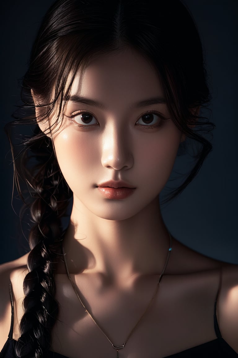 A hyper-realistic portrait of a woman with braided hair, intense gaze, and smooth skin, straight-on view, with a cool-toned studio light highlighting her features. Background is a dark, neutral gradient, enhancing the subject's complexion. Extremely detailed, Sony A7 III, high-definition realism, soft shadows, precise detail