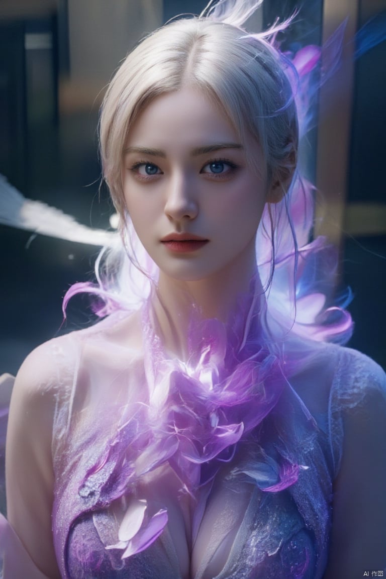 holographic,holographic fabric,1girl,solo,a woman in a dress with a futuristic design on it's chest and arms,white hair,china_dress,purple wedding dress,(complex lace:1.1),upper_body,cyberpunk,pale_skin,cinematic photo official art,unity 8k wallpaper,ultra detailed,aesthetic,masterpiece,best quality,photorealistic,purple rose,tangle,entangle,chinese woman,Glowing eyes,tears,Golden eyeshadows,ecstasy of flower,dynamic angle,(the most beautiful form of chaos:1.2),elegant,a brutalist designed,Gradient colours,(romanticism:1.1),film,professional,skin detail realistic,Shimmering Crysta,looking at viewer,(profile:1.2),(holographic:1.2),(transparent raincoat:1.3),holographic fabric,translucent glass,holographic structure,glowing,clear glass,dress,big breasts,cleavage,slender,(flower sea:1.5), bra, translucent clothes,large breasts, cleavage