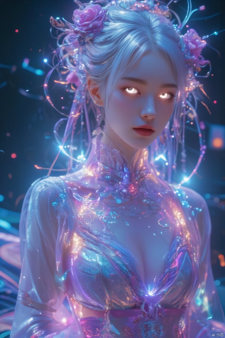 holographic,holographic fabric,1girl,solo,a woman in a dress with a futuristic design on it's chest and arms,white hair,china_dress,purple wedding dress,(complex lace:1.1),upper_body,cyberpunk,pale_skin,cinematic photo official art,unity 8k wallpaper,ultra detailed,aesthetic,masterpiece,best quality,photorealistic,purple rose,tangle,entangle,chinese woman,Glowing eyes,tears,Golden eyeshadows,ecstasy of flower,dynamic angle,(the most beautiful form of chaos:1.2),elegant,a brutalist designed,Gradient colours,(romanticism:1.1),film,professional,skin detail realistic,Shimmering Crysta,looking at viewer,(profile:1.2),(holographic:1.2),(transparent raincoat:1.3),holographic fabric,translucent glass,holographic structure,glowing,clear glass,dress,big breasts,cleavage,slender,(flower sea:1.5), bra, translucent clothes,large breasts, cleavage