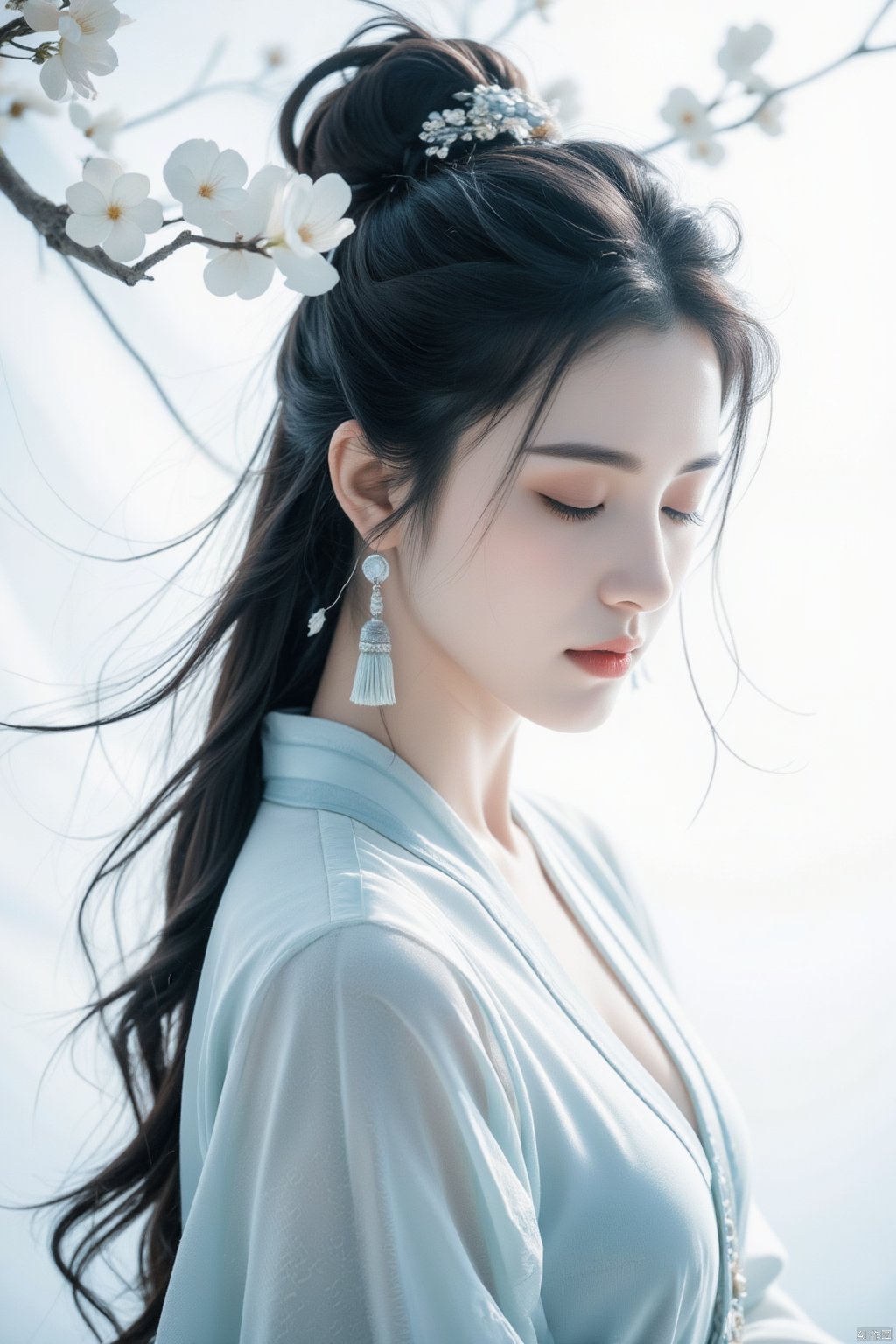 1girl, solo, long hair, black hair, hair ornament, long sleeves, white background, jewelry, closed mouth, upper body, flower, earrings, hair flower, hair bun, from side, eyelashes, makeup, chinese clothes, looking down, single hair bun, white flower, tassel, branch, red lips, tassel earrings, hanfu