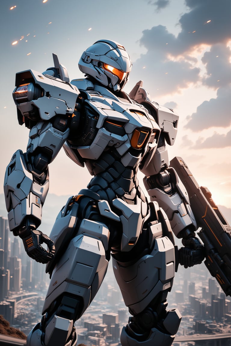 solo, giant robot, mecha, armor, no humans, robot, mecha, science fiction, badass pose, assault rifle, blaster canon in shoulder, stunning image, ((masterpiece: 2)), epic textures, matellic textures, helmet, digital art, professional style, detailed image, detailed robot, white mecha, golden marks, full body, futuristic and beautiful city in background.