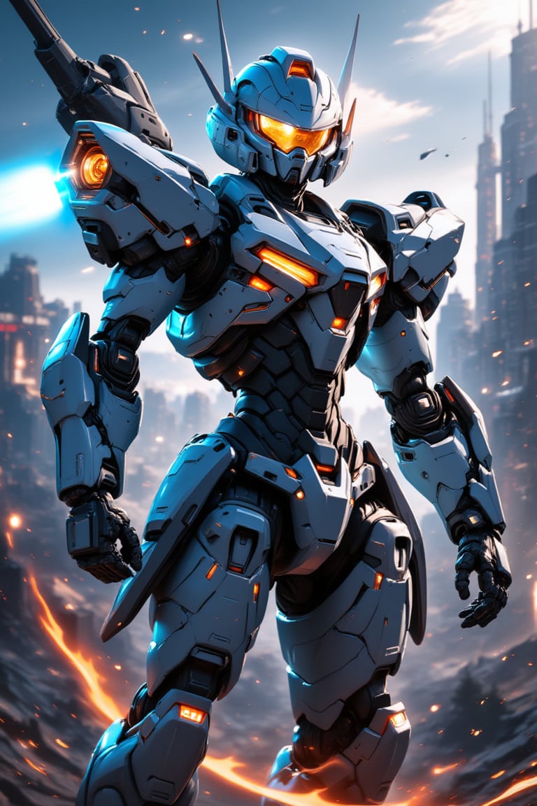 solo, anime style, no humans, glowing, robot, looking at viewer, full body, mecha, glowing eyes, science fiction, embers, dynamic pose, canon in shoulder, metallic textures, stunning image, badass mecha, mecha, white mecha, mecha, modern camouflage, mecha wings, futuristic city in background, railgun, ligh particles, dynamic pose, masterpiece.