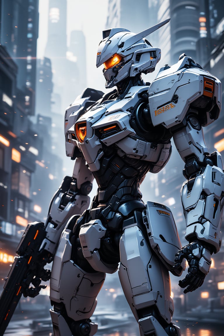 solo, anime style, no humans, glowing, robot, mecha, glowing eyes, science fiction, embers, dynamic pose, canon in shoulder, metallic textures, stunning image, badass mecha, mecha, white mecha, mecha, modern camouflage, futuristic city in background, railgun, ligh particles, dynamic pose, masterpiece.