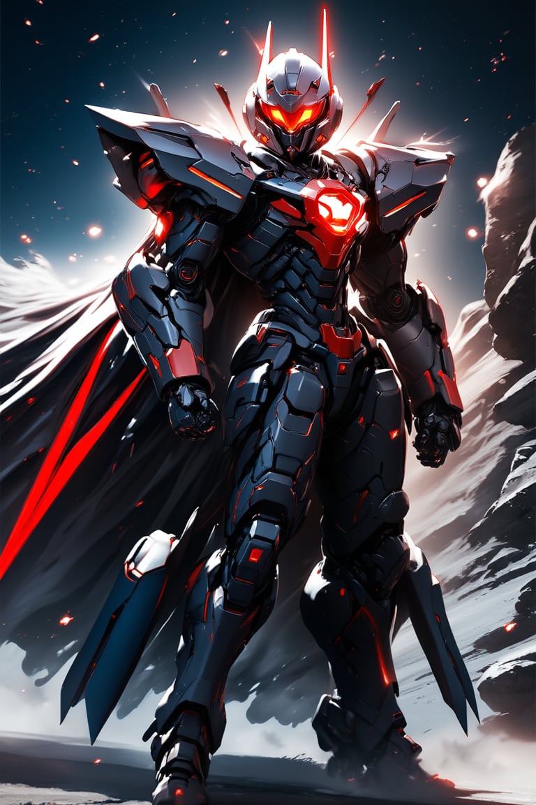 1boy, mecha, mecha armor, helmet, realistic, epic textures, realistic textures, ((full body)), sword in back, cape, outer space in background, stunning image, badass, pretty detailed image, masterpiece, looking at viewer, epic character, professional style.,epic mecha