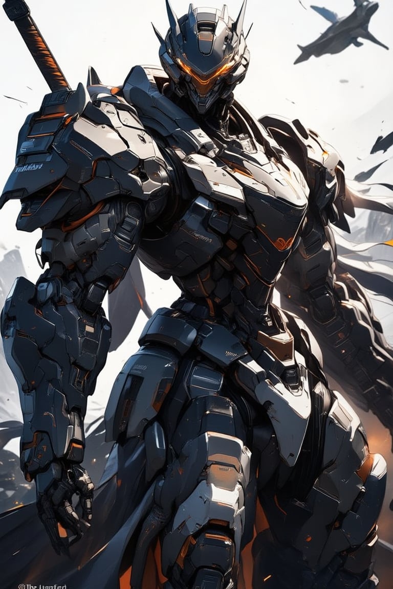 1boy, mecha, mecha armor, helmet, realistic, epic textures, realistic textures, ((full body)), sword in back, cape, white background, stunning image, badass, pretty detailed image, masterpiece, looking at viewer, epic character, professional style, film poster, text "The Hunter".