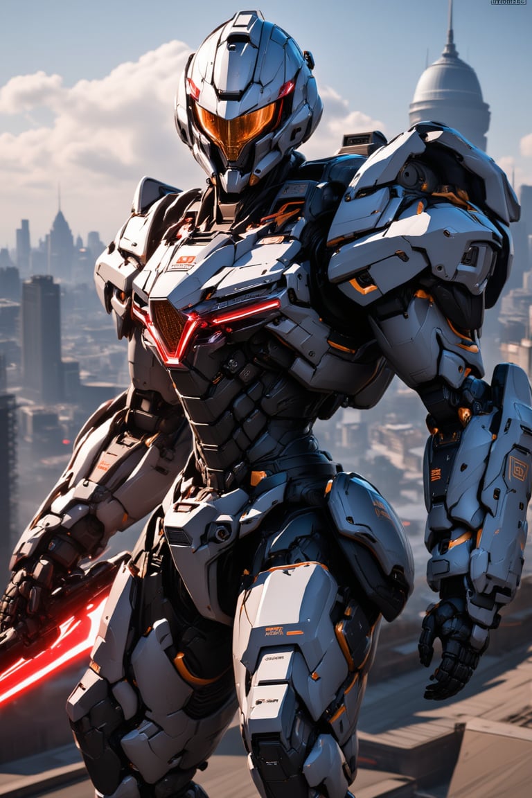 mecha, ((realistic image: 2)), mecha armor, helmet, realistic, epic textures, realistic textures, ((full body)), holding a plasma sword, badas mecha, stunning image, city in background, stunning image, badass, pretty detailed image, masterpiece, looking at viewer, epic character, professional style.