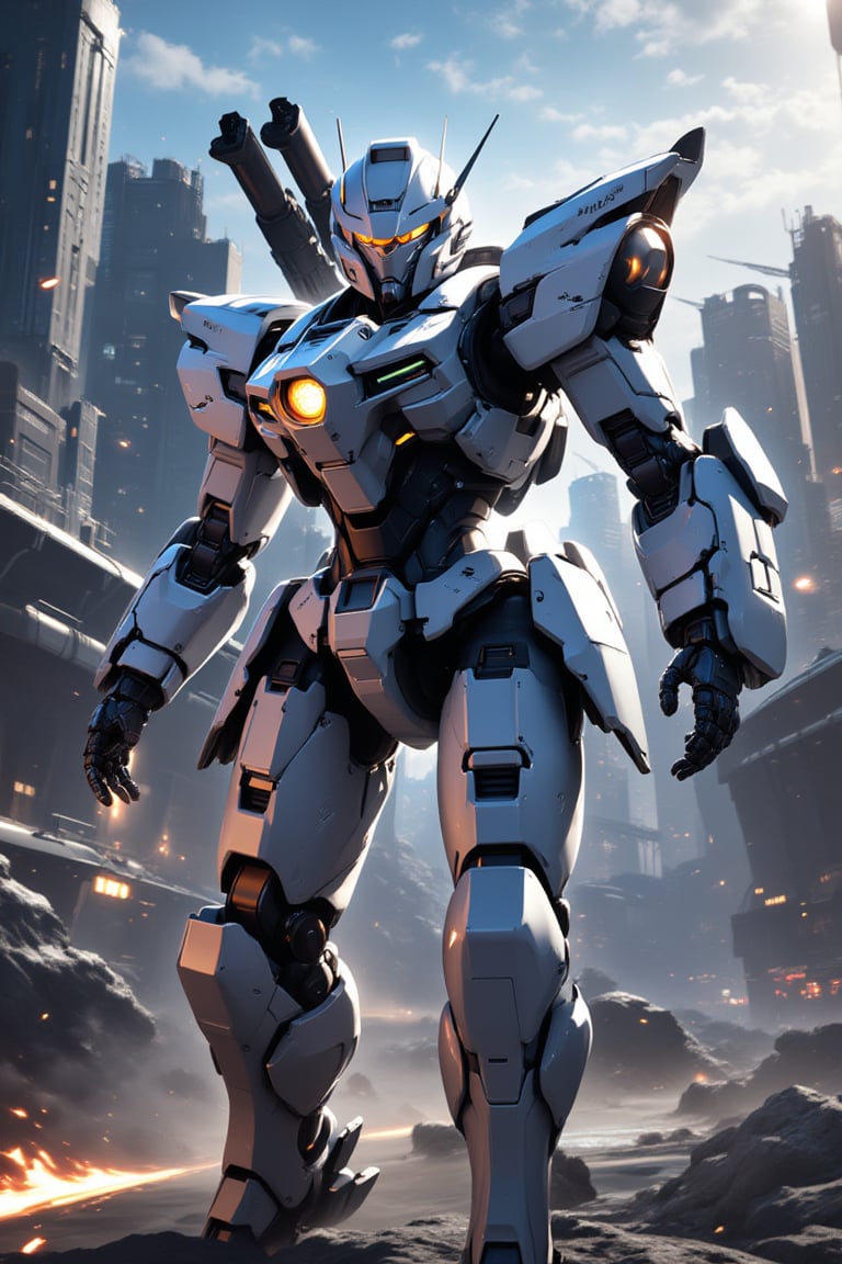 solo, anime style, walking, no humans, glowing, robot, mecha, glowing eyes, science fiction, embers, dynamic pose, from side, canon in shoulder, metallic textures, stunning image, badass mecha, mecha, white mecha, mecha, modern camouflage, futuristic city in background, railgun, ligh particles, dynamic pose, masterpiece.