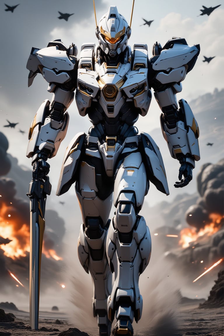 Create a stunning digital art masterpiece featuring a solo giant mecha robot in a dynamic running pose, holding a sword. The robot is fully armored with metallic textures, detailed with white mecha and golden marks, including a helmet. The professional-style image showcases epic textures and a full-body view, resembling a film poster. Set in a battle zone background with fighter jets and incandescent gunfire in the air, the composition is framed to highlight the robot's action and the dramatic setting.