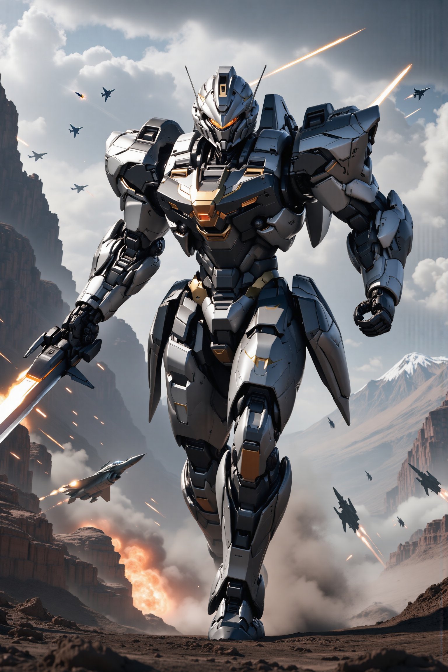 Create a stunning digital art masterpiece featuring a solo giant mecha robot in a dynamic running pose, holding a sword. The robot is fully armored with metallic textures, detailed with white mecha and golden marks, including a helmet. The professional-style image showcases epic textures and a full-body view, resembling a film poster. Set in a battle zone background with fighter jets and incandescent gunfire in the air, the composition is framed to highlight the robot's action and the dramatic setting.