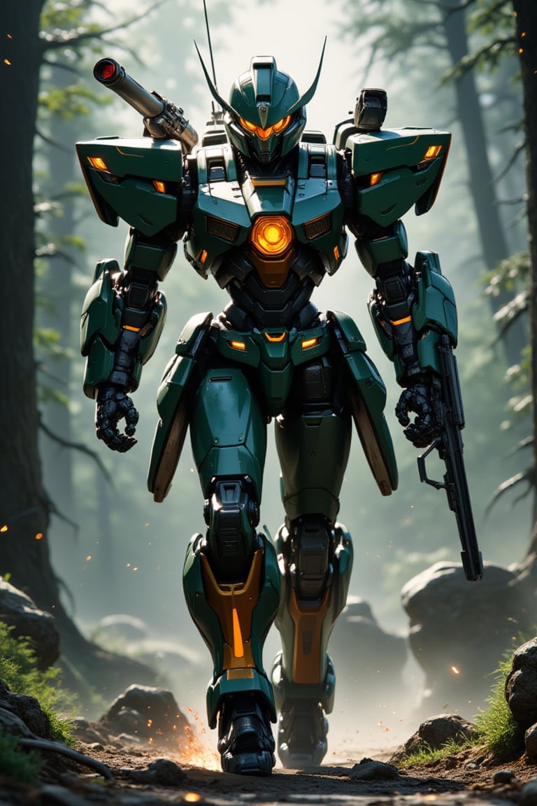 solo, anime style, walking, no humans, glowing, robot, mecha, glowing eyes, clenched hands, science fiction, embers, dynamic pose, canon in shoulder, metallic textures, stunning image, badass mecha, mecha, green mecha, camouflaje, forest in background, railgun, ligh particles, dynamic pose, masterpiece.